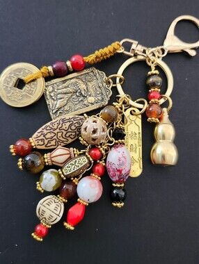 Asian Chinese-inspired Purse Charm or Keychain Carnelian Tigers Eye Handcrafted